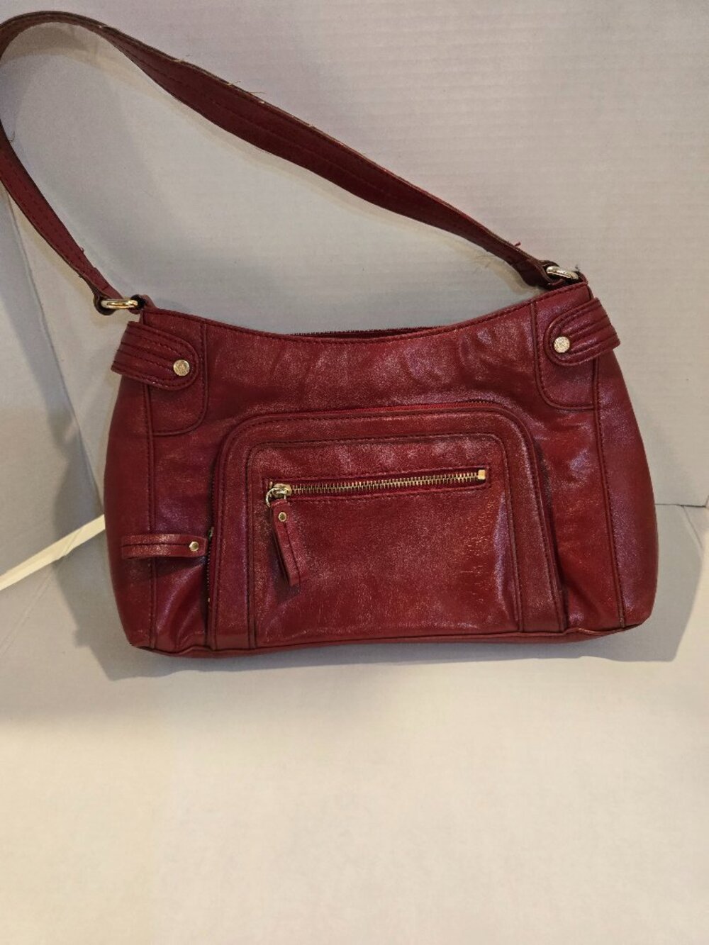 Liz Claiborne Burgandy Leather Purse Gold Tone Hardware 13.5" Vintage